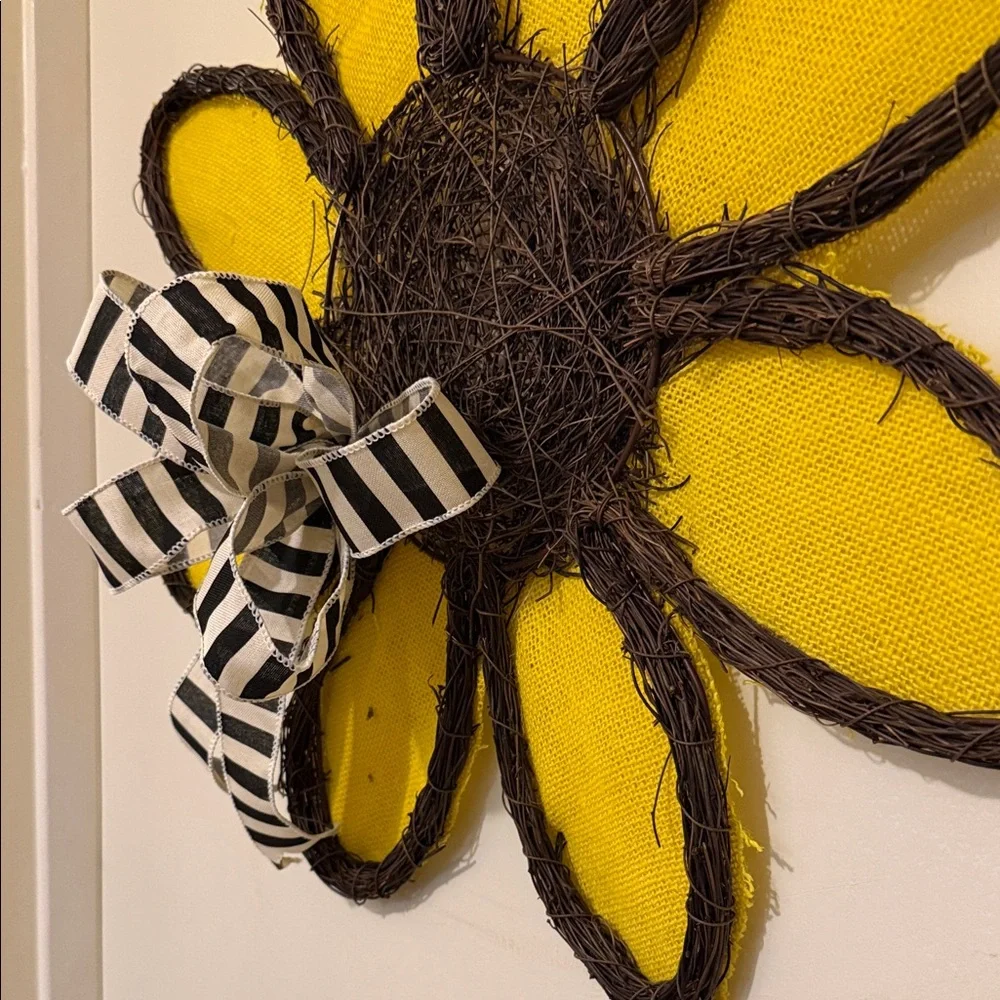 Sunflower Everyday Door Hanger with Yellow Petals and Striped Bow💕